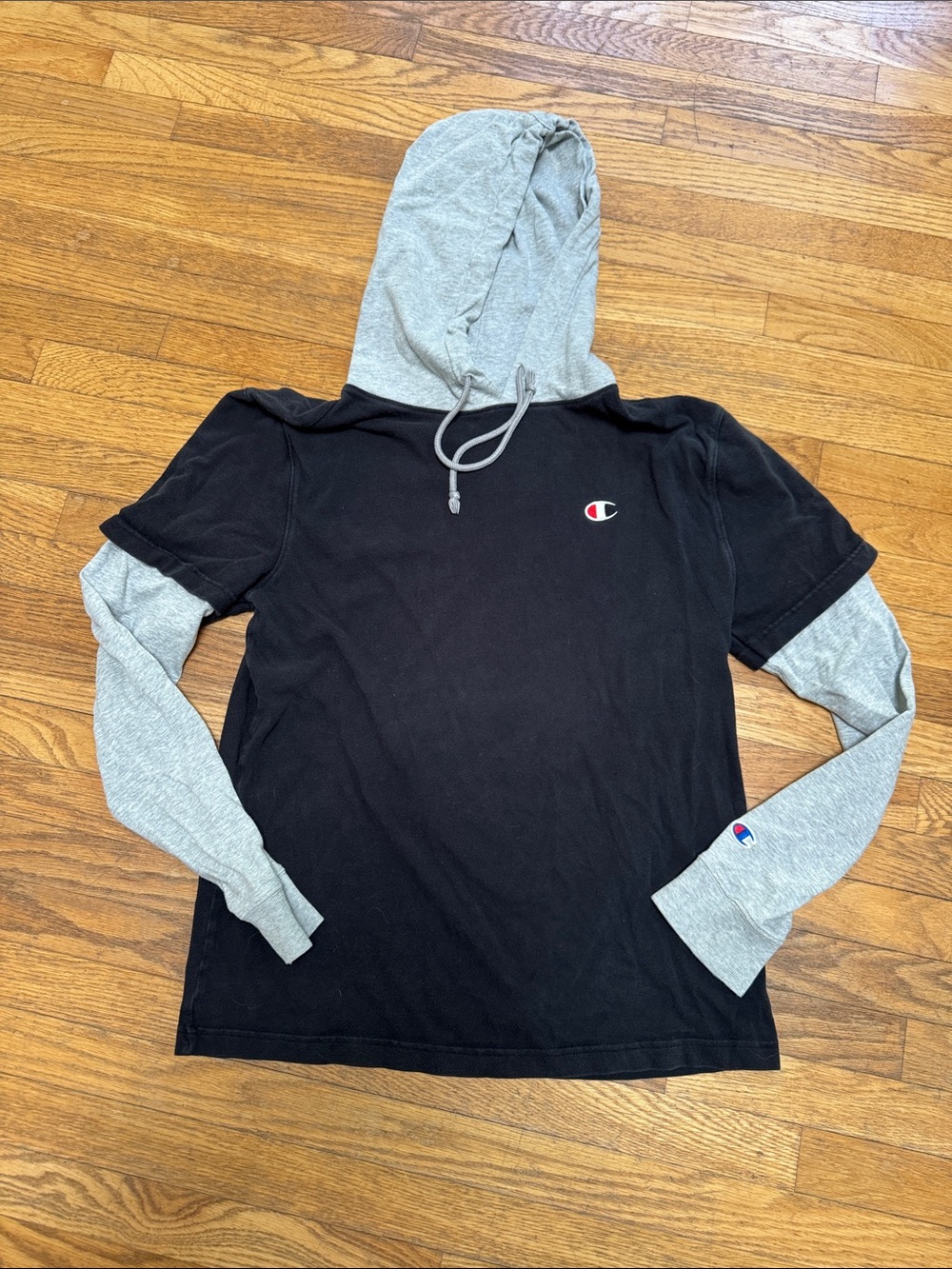 Champion Black Tee with Gray Hooded Layered Sleeves men’s